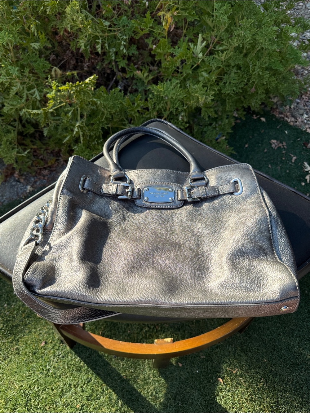 Michael Kors Hamilton Metallic Pewter Leather Satchel